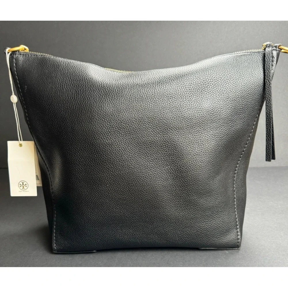 Tory Burch Carson Hobo Bag Black Pebbled Leather Gold Chain NWT 75421